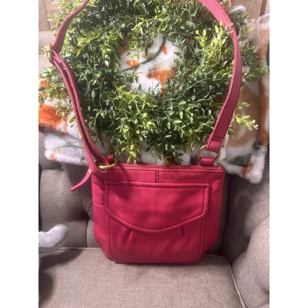 Hot Pink Fossil Leather Adjustable Crossbody Purse Pockets Zipper Medium 9 X 9